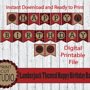 Lumberjack Themed Happy Birthday Party Banner - INSTANT DOWNLOAD - Printable Digital File - Bear - Moose - Outdoors - Woodland