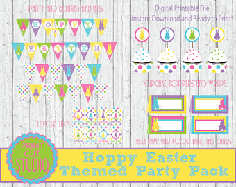 Paquete de fiesta de conejito de Pascua: pancartas, adornos para cupcakes y etiquetas de regalo (archivo digital imprimible)