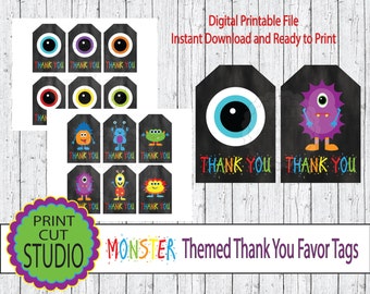Etiquetas de agradecimiento para Monster Bash: decoraciones imprimibles para fiestas (descarga digital)