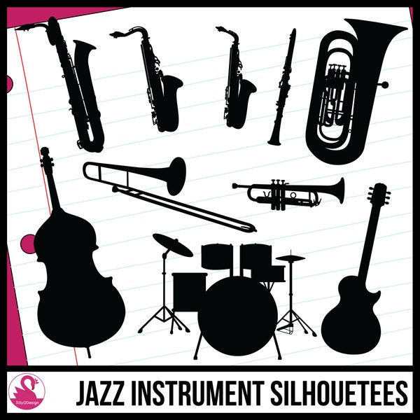 Musical Instruments | Jazz Band Instrument Silhouettes/Shadow Clip Art | Jazz Ensemble Clipart