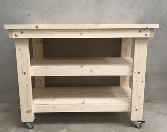 Solid Wood Work Bench With Two Shelves and Wheels in Various Sizes