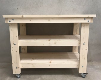 Wooden Work Bench With Two Shelves and Wheels in Various Sizes