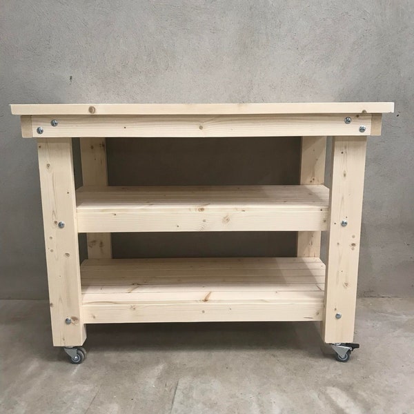 Wooden Work Bench With Two Shelves and Wheels in Various Sizes