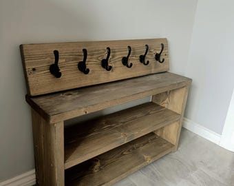 Handmade Wooden Shoe Bench Two Shelves & Coat Rack- Many Colours and Sizes