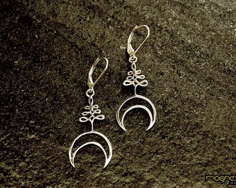 Boucles d'oreilles en argent croissant de lune avec symbole unalome \ argent sterling 925 \ wicca \ gothique \ occulte \ boucles d'oreilles lunaires célestes