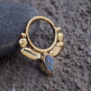 Gold lotus gemstone piercing Ring\fits septum, Tragus, Helix, nose ring\ 2 microns gold plated\ genderless