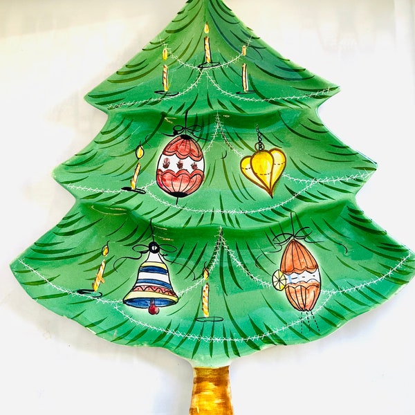 Vintage Mid Century Christmas Tree Dish Serving Cookies Appetizers Italy Hand Painted