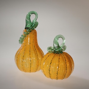 Handmade Blown Glass Pumpkin, Orange Pumpkin with Green Ribs and Curly Green Stem