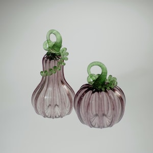 Handmade Blown Glass Pumpkin, Purple Pumpkin with Green Shimmer and Curly Green Stem