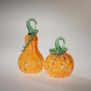 Handmade Blown Glass Pumpkin, Orange Spotty Pumpkin with Curly Green Stem