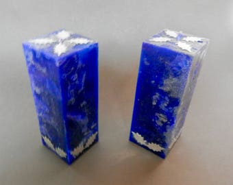 Christmas Candles, Candles Handmade, Blue square candles decorated with silver holographic wax holly leaves and silver glitter