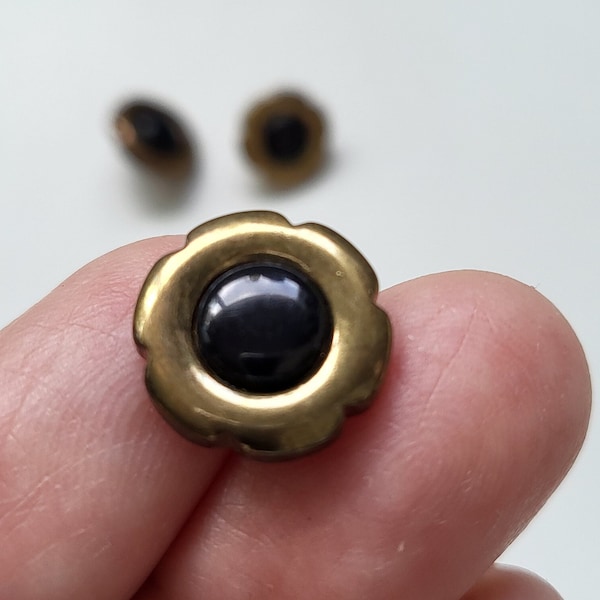 3 Adorable Little Gold & Black Buttons that Resemble Flowers, 11/16" Flat Shank Plastic, Doll clothes, Baby Vintage