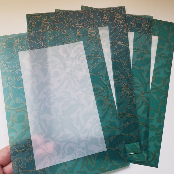 Vellum Paper Teal Gold Translucent Sheets with Border Frame, Scrapbooking Journal Paper Crafts Photo Framing Art, Vintage Specialty Paper