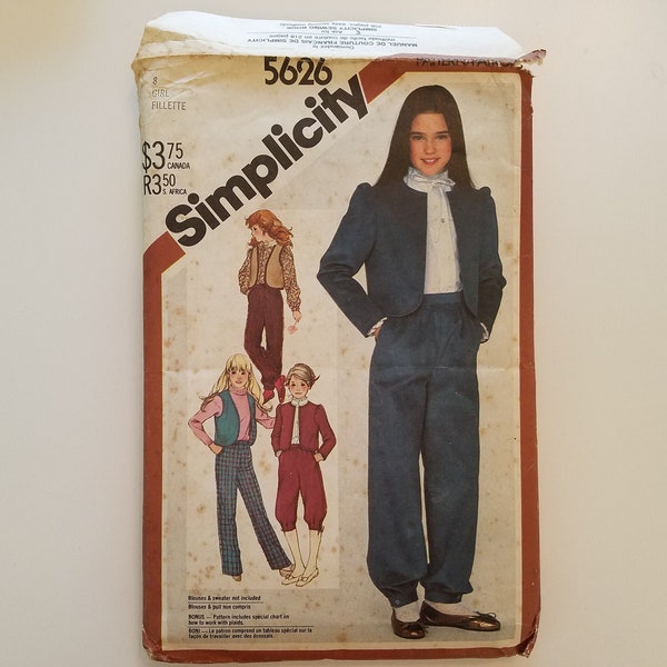 Vintage Simplicity Pattern #5626 Girls Pants, Knickers, Unlined Jacket Reversible Vest, Girl Size 8, Instructions in FRENCH