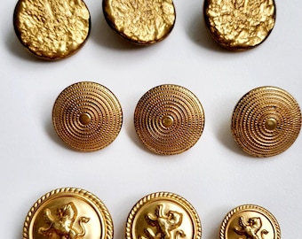 Vintage Gold Tone Shank Buttons, Assorted Designs, Sets of 3