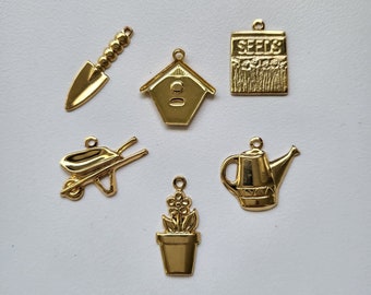 6 Gardening Charms ~ Assortment ~ Sewing Craft Scrapbooking Embellishment Jewelry ~ Gold Tone
