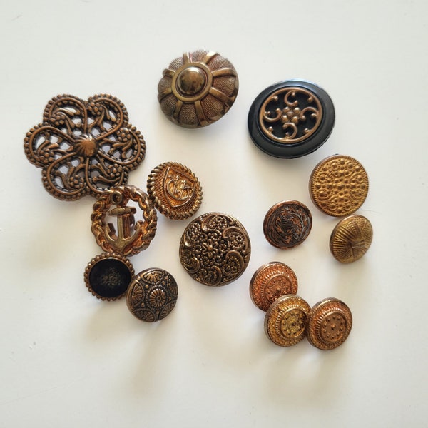 14 Vintage Copper Tone Buttons Mix, Assorted Sizes from 1 3/8" to 1/2", Metal & Plastic, All Shank Backs