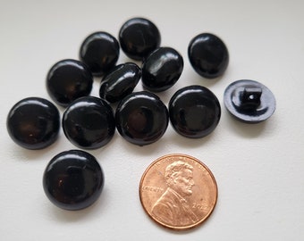 12 Black Buttons. Quarter Shank Button, 9/16" Round, Vintage