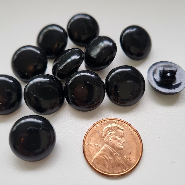 12 Black Buttons. Quarter Shank Button, 9/16" Round, Vintage