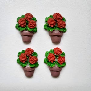 4 Flowerpot Buttons, Red Flowers in a Clay Pot, Painted Plastic, 2 Hole Sew On Novelty Button Embellishment
