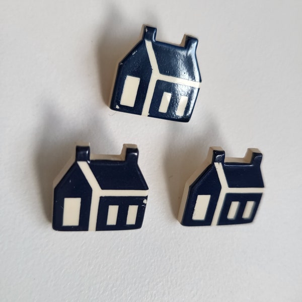 House Button, Set of 3, Painted Plastic, Shank Back, Navy Blue Quilter's Cottage Novelty Button Embellishment