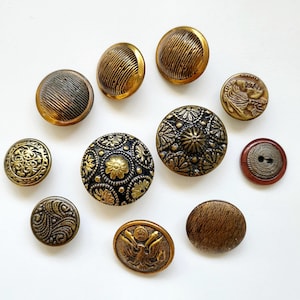 Vintage Brass Color Metal Button Collection, 10 Assorted Designs Patterns, from 21mm to 15mm, Shank Back Metal Buttons