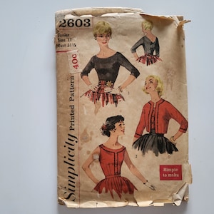 Rare 50&#39;s Simplicity 2603 Vintage Sewing Pattern &#39;Simple to Make&#39; Blouse & Jacket, Fitted Cropped, Junior Size 11 Bust 31 1/2