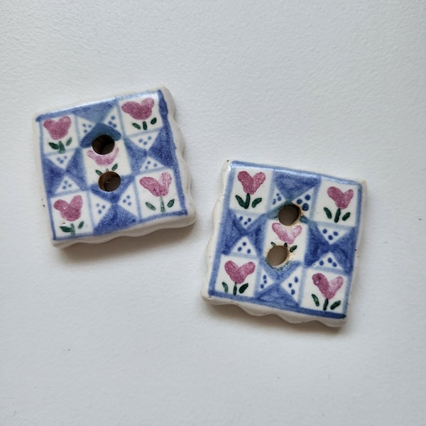 2 Porcelain Square Buttons, Pink & Blue Hearts, Handmade Novelty Quilting Pattern Button Embellishment