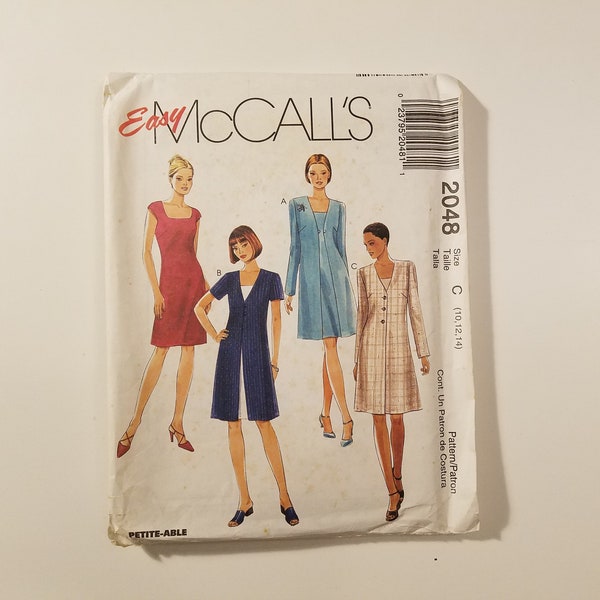 Vintage McCalls #2048 Sewing Pattern, 1999, Size 10 12 14, Dress & Unlined Jacket, Square Neckline UNCUT