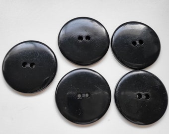 5 Vintage Large Black Round Buttons, 1 3/4", Shiny Plastic Coat Button, Upholstery, Craft