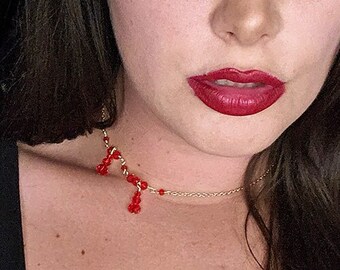 Vampy Red Choker Necklace & Dangle Earrings - Mars Red - Vampire Choker - Vampire Bite Necklace | Sparkle Sets