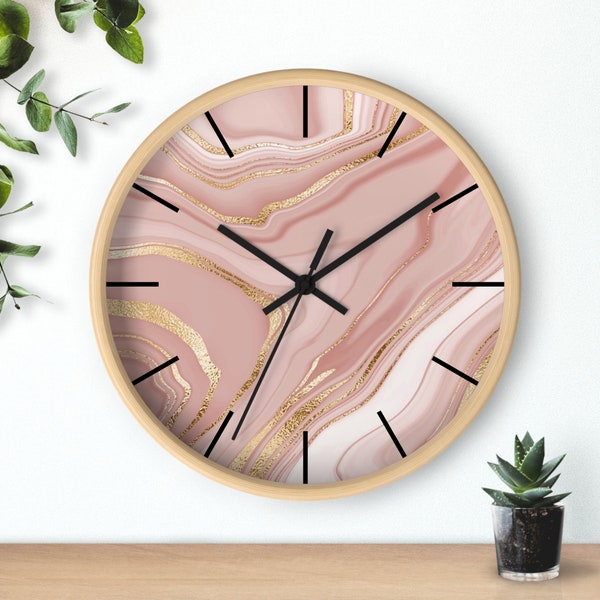 Horloge murale en marbre or rose, élégance en bois et plexiglas, décoration intérieure unique, idée cadeau pour elle