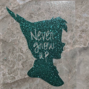 May include: A teal glitter silhouette of Peter Pan with the words "Never grow up" written in white.