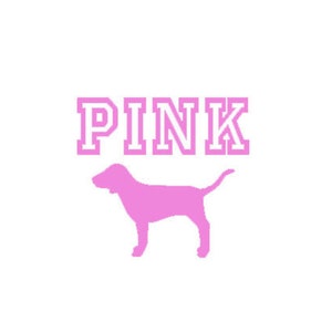 Puede incluir: Logotipo rosa con una silueta de perro rosa. El texto del logotipo está en una fuente con contorno blanco.