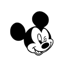May include: A black and white illustration of Mickey Mouse's face, winking and smiling. The iconic character's large, round ears are prominent against a white background. This image is a classic representation of the beloved Disney character.