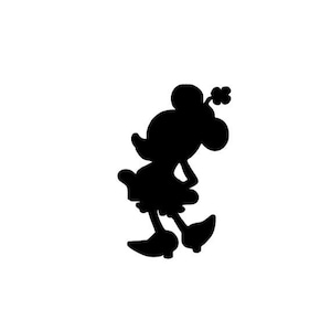 Op de afbeelding: Zwarte silhouet van een cartoonfiguur met een bloem op zijn hoofd. Het figuur draagt een jurk en schoenen.