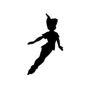Può includere: Silhouette nera di Peter Pan che vola a braccia aperte, indossando una tunica verde e un cappello a punta.