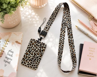 Portatarjetas con estampado de leopardo y cordón, bonito portatarjetas de identificación, cordón para profesor, portatarjetas de identificación de estudiante, cordón para credencial de trabajo, cordón para crucero