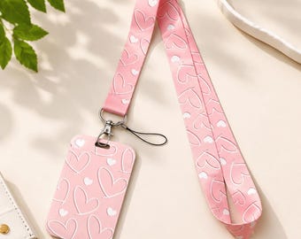 Portatarjetas rosa con corazón y cordón, lindo portatarjetas para maestra, cordón para credencial de enfermera, cordón rosa con corazón para el trabajo, regalo para ella.