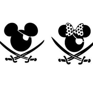 May include: Black and white silhouette of Mickey Mouse and Minnie Mouse with pirate hats and swords crossed behind them.