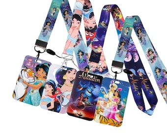 Portatarjetas de identificación de Aladdin con cordón / Portatarjetas de identificación de Jasmine y Rajah con cordón / Portapases para parques temáticos / Portatarjetas de identificación laboral / Regalo para cruceros