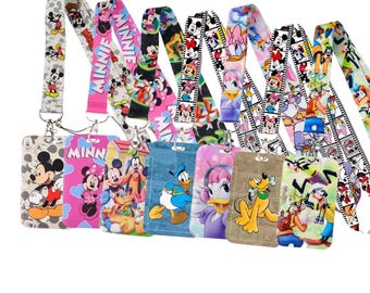 Portatarjetas de identificación con personajes inspirados en Disney con cordón / Lindos portatarjetas de identificación de Mickey, Minnie, Daisy y Donald / Regalo de Disney / Summerween