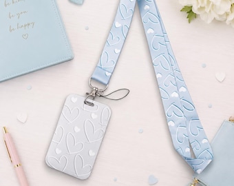 Portatarjetas de identificación con corazón azul y cordón, lindo portatarjetas para maestra, cordón para credencial de enfermera, cordón de trabajo con corazón azul, regalo para ella.