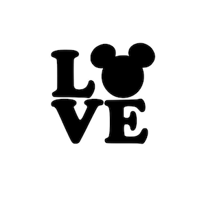 Puede incluir: Diseño gráfico en blanco y negro de la palabra "LOVE" con una cabeza de Mickey Mouse reemplazando la "O".
