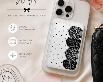 Tarjetero MagSafe para iPhone, cartera para teléfono con encaje de lunares blancos y negros, tarjetero magnético, cartera para iPhone, bonito accesorio para teléfono
