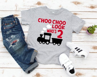 Boys Birthday Shirt, Choo Choo Look Who's Two, second birthday train shirt, choo choo two shirt, train Birthday, Kids Birthday Shirts