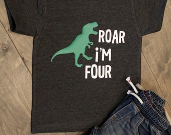 Camiseta de cumpleaños de dinosaurio "Rugido, tengo cuatro años", para niños de 4 años