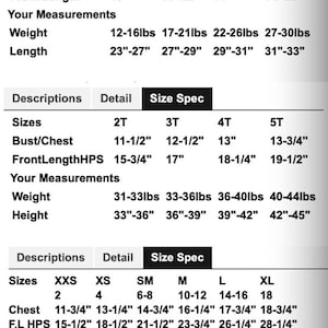 May include: A size chart with measurements for children's clothing. The chart includes sizes from 6 months to XL, with chest, front length, weight, and height measurements in inches and pounds.