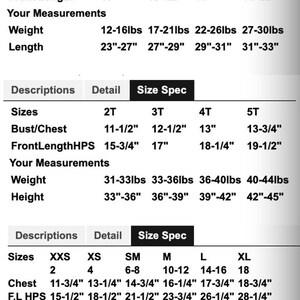 May include: A size chart with measurements for children's clothing. The chart includes sizes from 6 months to XL, with chest, front length, weight, and height measurements in inches and pounds.