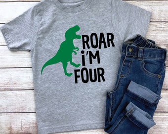 Camiseta de cumpleaños de dinosaurio "Rugido, tengo cuatro años" - Cumpleaños de niño de 4 años